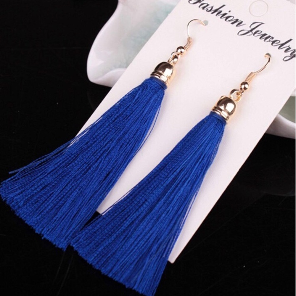 Dark Blue Tassel Drop Earrings